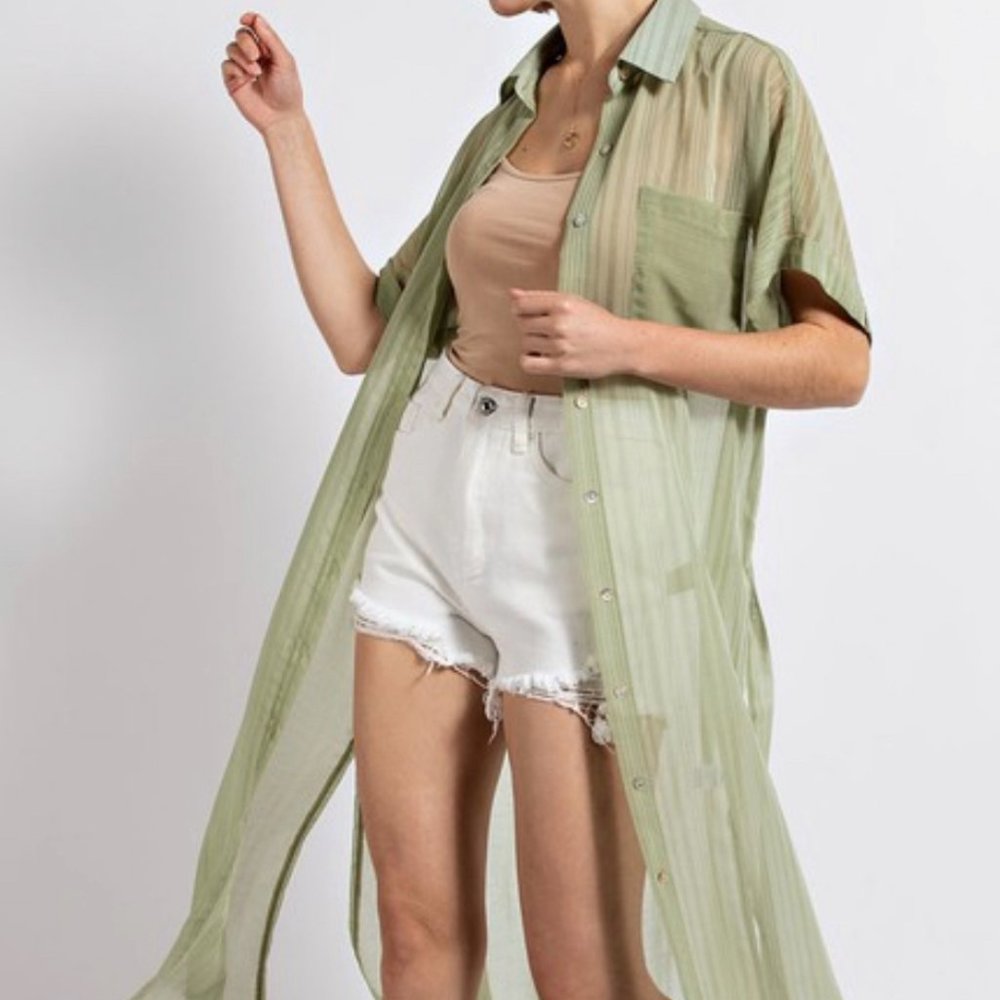 Sheer Longline Button-Down Shirt - Light Green